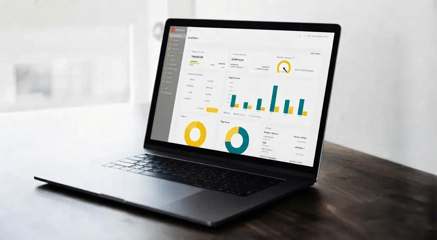 Unternehmer am Schreibtisch prüft Zahlen auf dem Tablet, daneben Taschenrechner und Unterlagen