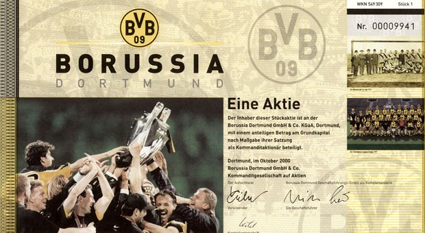 Tafelpapiere wie dieses  von Borussia Dortmund sind für viele Liebhaber ein besonderes Anlageobjekt.