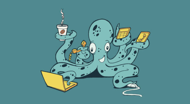 Ein Oktopus mit einem Kaffeebecher, einem Smartphone und einem Notizblock an drei verschiedenen Tentakeln. Ein vierter Tentakel tippt auf einem Laptop.