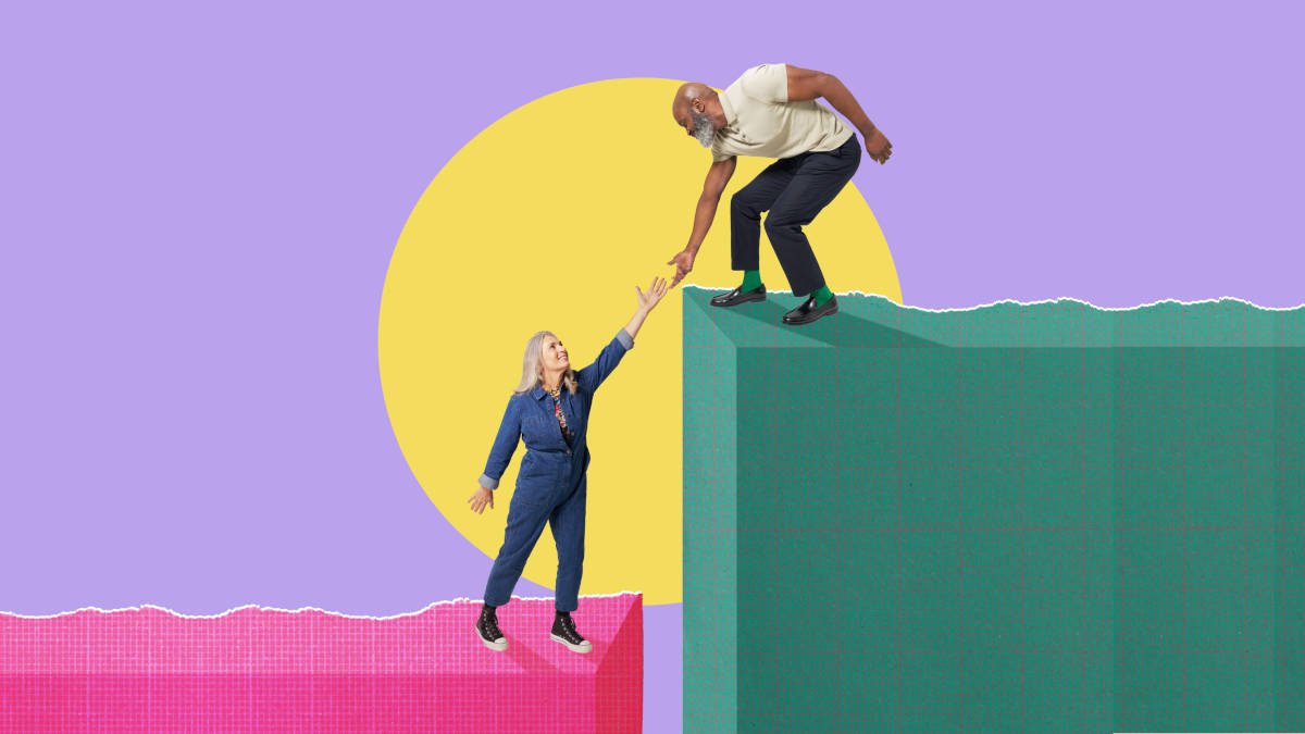 Grafik von einer Person, die einer zweiten Person die Hand reicht, um ihr auf eine Erhöhung zu helfen.