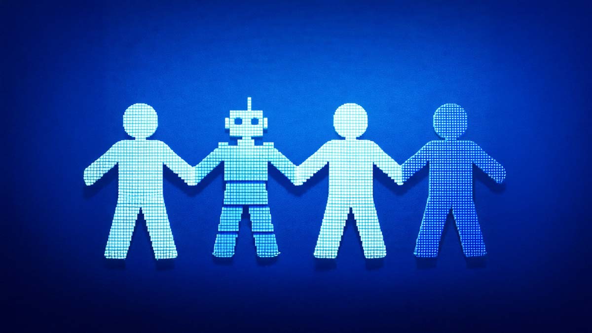 Mehrere Menschen in einer Kette. Statt einem Menschen ist an einer Stelle ein Roboter.