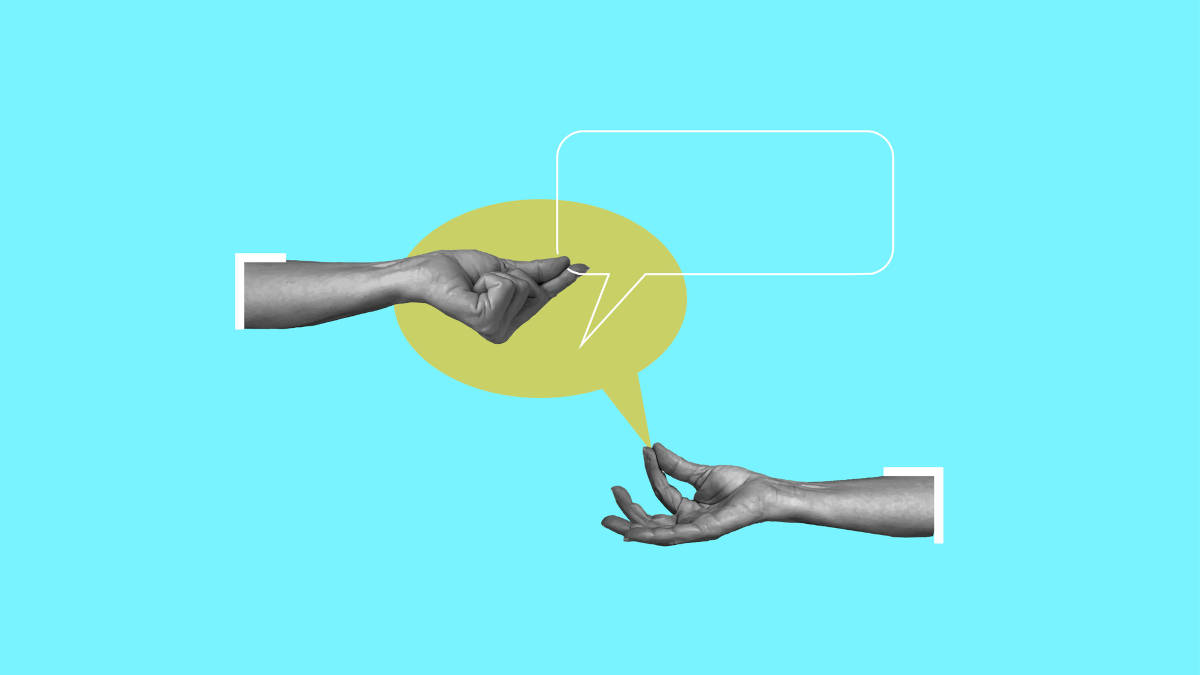 Zwei Hände und zwei Sprechblasen auf blauem Hintergrund.