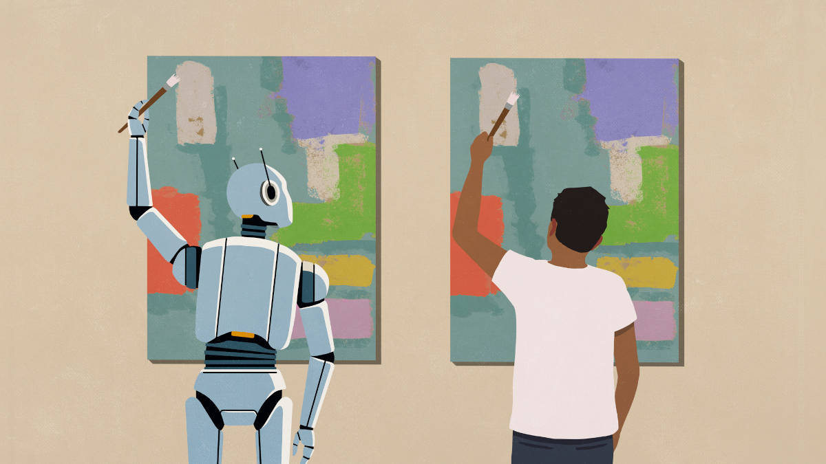 Ein Mensch und ein Roboter, die jeweils ein Bild malen.